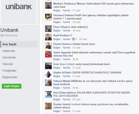 "Facebook" istifadəçiləri "Unibank"ı öz səhifəsində topa tutdular - 