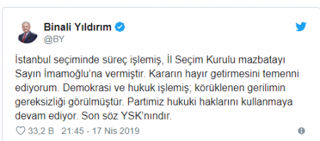 Binəli Yıldırımdan İmamoğlunun qələbəsi ilə bağlı tvit