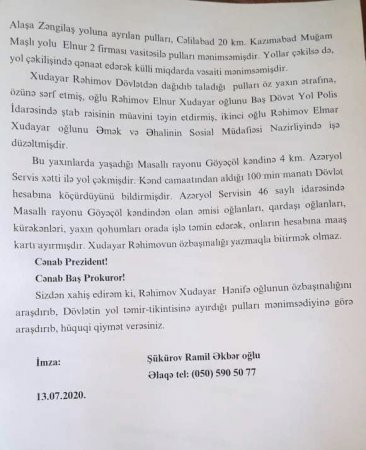 Cəlilabadın idarə rəisi haqda Baş Prokurora 