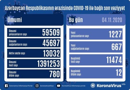 1227 nəfər COVID-19-a yoluxub, 667 nəfər sağalıb, 12 nəfər vəfat edib