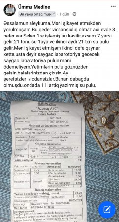 “Azərsu” 3 nəfərlik ailəyə 21 ton su borcu yazdı – 