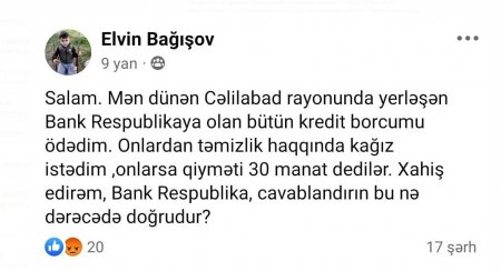 “Bank Respublika” müştərilərinə bu kağızı 30 manata satır - 