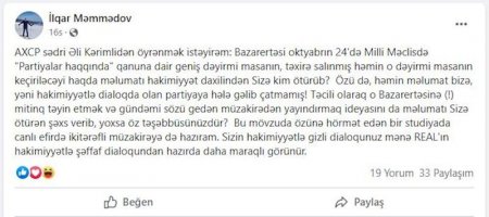 "Sərbəst toplaşma azadlığı" tələbi ilə keçiriləcək aksiyaya reaksiyası tənqid olundu - 